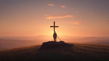 silueta de un hombre en pie en un montaña con un cruzar. ai generado obra de arte foto