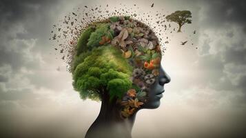 Conceptual image of a human head with colorful brain and autumn leaves. mental health concept artwork photo