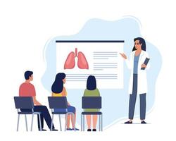 Doctor gives a training lecture about anatomy for students. Doctor presenting human lungs infographics. Online medical seminar, lecture, healthcare meeting concept. Vector illustration.