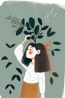 minimalistic illustration of girl kid and plant. . photo