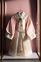 Childrens Hanfu on display at the display cabinet. . photo