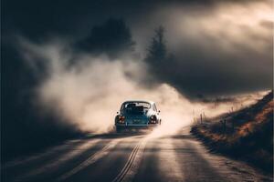 Classic car drive into abandoned road. photo