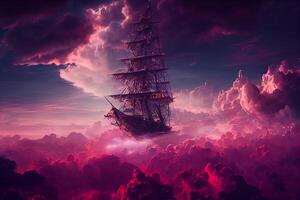 monumental majestic pirate ship soaring on pink clouds. . photo