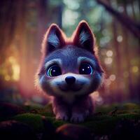 cute baby wolf in a magical forest pixar style big detail. . photo