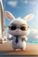 Pixar style. A super cute and happy white fairy bunny. . photo