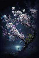 Beautiful branch gentle fairy fog and flower. . photo