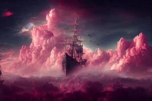 monumental majestic pirate ship soaring on pink clouds. . photo