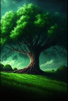 There is a big tree in the green grassland. . photo