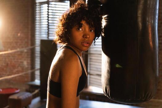 mujer yo defensa niña fuerza. africano americano mujer combatiente descansando después lucha formación en boxeo anillo. niña cansado después puñetazos boxeo bolsa. formación día en gimnasia, fuerza ajuste cuerpo rutina de ejercicio formación foto