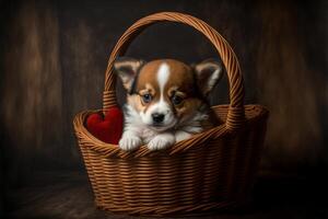 adorable kitten sitting in a wicker basket. . photo