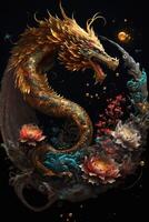A red gold Chinese dragon and phoenix. . photo