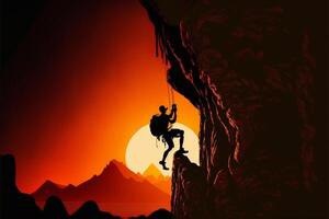 Climber silhouette climbing the cliff sunset background. photo