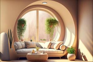 cozy interior beige color concept sunlight long shadow . photo