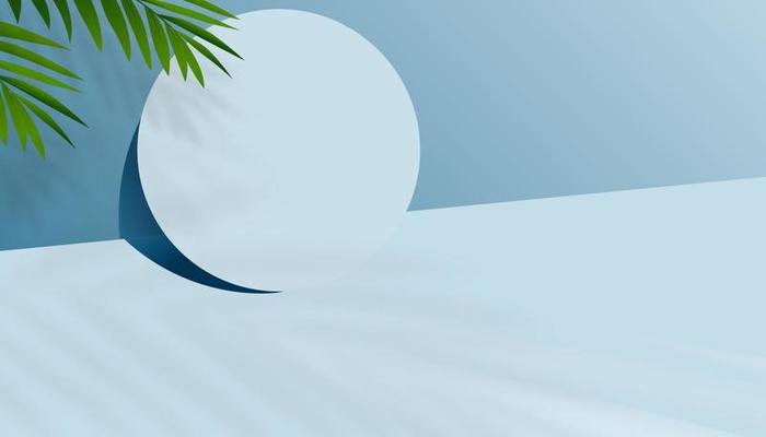 3D Cosmetic product display mockup on geometric podium with coconut Palm Leaves shadow on wall background.Vector Banner Empty Blue Studio Room for presentation of Skincare, Beauty on Spring,Summer