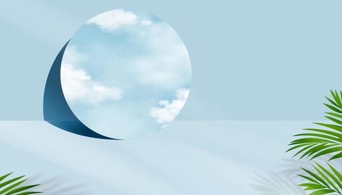 3D Cosmetic product display podium with Clouds,Blue sky reflection on Mirror.Vector Empty Blue Studio Room with coconut palm leaves,Banner Web design Presentation for Skincare, Beauty on Spring,Summer