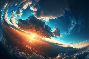 blue panorama of the sky at sunset with clouds and sun. photo