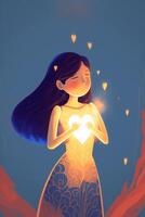 minimalistic illustration of a girl and light comes from inside of her. . photo