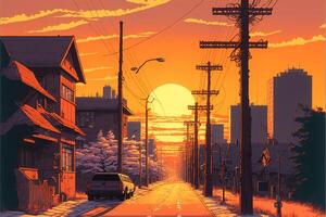 90s japanese animation Kunihiko Ikuhara style city vie. . photo