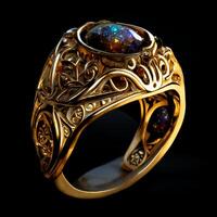 magical fantasy golden ring with purple diamond. photo