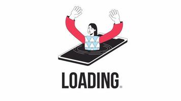 Digital addiction loader animation. Girl drowning in phone. Flash message 4K video footage. Isolated outline colour loading progress indicator with alpha channel transparency for UI, UX web design