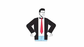 Frowning boss posing animation. Angry man with hands on hips isolated 2D cartoon flat colour line character 4K video footage on white background with alpha channel transparency for web design