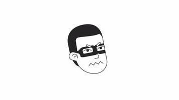 Annoyed lawbreaker bw icon animation. Irritated man. Animated monochromatic flat character head on white background with alpha channel transparency. Cartoon avatar 4K video footage for web design