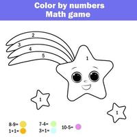 Children educational game. Mathematics actvity. Color by numbers, printable worksheet. Coloring page with falling star. Learning addition and subtraction. Counting game vector