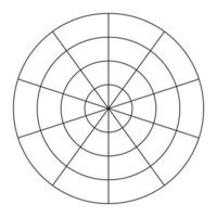 Polar grid of 10 segments and 3 concentric circles. Coaching tool. Wheel of life template. Circle diagram of lifestyle balance. Blank polar graph paper. Vector illustration.