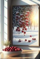 romantic painting with many red cherries. . photo