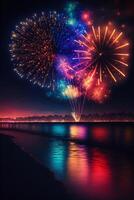A clean and bright night bursting with colorful fireworks. . photo