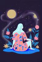 ilustración de solitario niña sentado en cosmos. generativo ai. foto