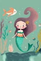 illustration of cute girl wearing mermaid costume. . photo