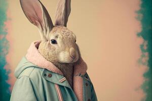 antropomórfico conejito vistiendo un largo chaqueta. generativo ai. foto