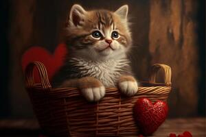 adorable kitten sitting in a wicker basket. . photo