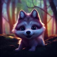 cute baby wolf in a magical forest pixar style big detail. . photo