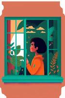 minimalistic illustration of kid in a window. . photo