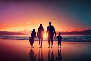 contento familia con dos niños caminar a puesta de sol playa amplio . generativo ai foto