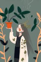 minimalistic illustration of girl kid and plant. . photo