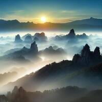 Landscape background with mountains and sun. . photo