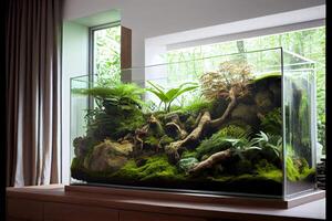 Rain forest landscape installation in the large white living room. . photo