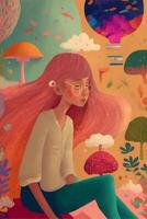 illustration of girl in an interesting world of love. . photo