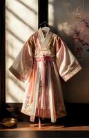 Childrens Hanfu on display at the display cabinet. . photo