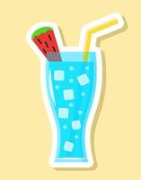 Vector glass with fresh water sticker in cartoon style. Isolated cold drink with slice of watermelon and ice