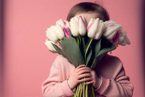 Little girl hide face with bouquet of tulips on pink. photo