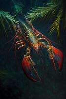 Under water Bright and clear red Australian lobster. . photo