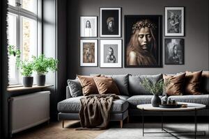 Gallery of trendy posters in elegant grey living room. Generative Ai photo