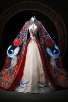 This stunning Chinese Hanfu cape wedding dress display. Generative Ai. photo