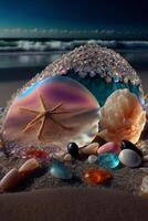 On the beach. There are many crystal clear pearl.. photo