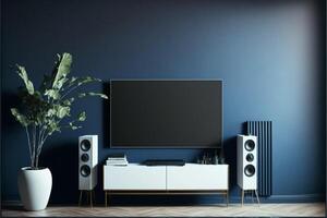 Led Tv On The Dark Blue Wall In Living Roomminimal. photo