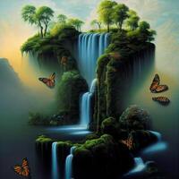 atlas rock waterfall river trees butterflies. photo